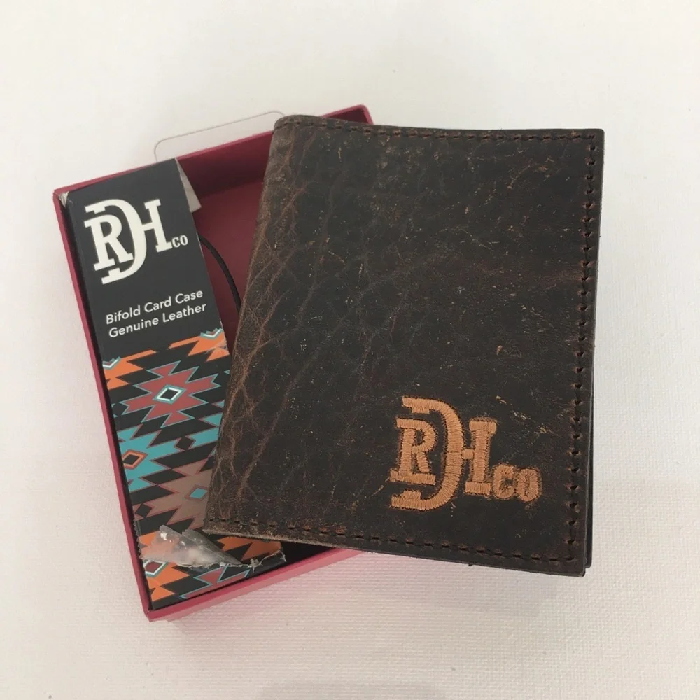 Red Dirt Hat Co Mens Bison Grain Leather Bifold Card Case NEW Brown Wallet NWT